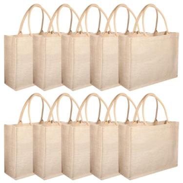 Imagem de Pacote com 10 sacolas de serapilheira reutilizáveis de estopa com alças, sacola de compras de supermercado em branco, bolsas de presente de juta para compras, casamento, 38 x 30 x 15 cm