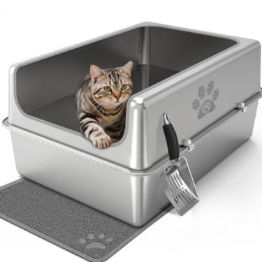Imagem de Caixa de areia para gatos de aço inoxidável fechada com tampa, caixa de areia de metal grande para vários gatos, banheiro grande para gatos XXXL com lado alto, antiaderente, antivazamento, inodoro