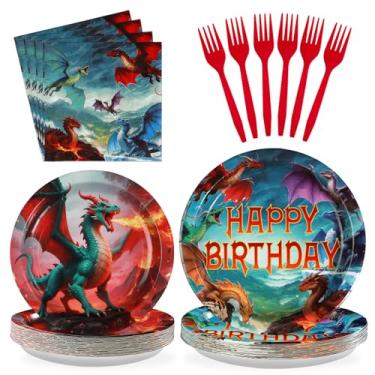 Imagem de Grencian 96Pcs Dragon Birthday Party Supplies - Red Fire Dragon Party Plates and Napkins Disposable Anime Theme Dessert Tableware Set for Kids Boys Halloween Fantasy Birthday Supplies Serves 24