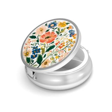 Imagem de Caixa de comprimidos com 3 compartimentos pequenos para bolsa e bolso, mini porta-comprimidos de metal, recipiente para guardar suplementos de vitaminas sem BPA (flores silvestres)