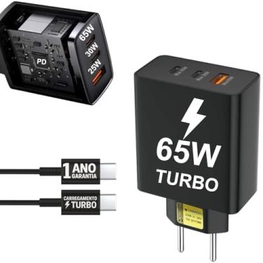Imagem de Carregador Super Turbo 65W 3 Entradas Compatível Com Samsung Galaxy, Motorola, Xioami, iPhone 15,16, Universal, Moto G, Realme, TCL Celular Android iOS Tablets Notebooks USB Tipo C Rápido 10Click®