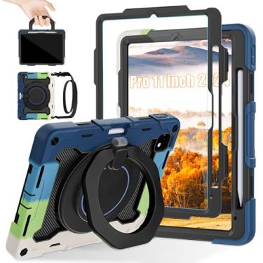 Imagem de ROISKIN Capa para iPad Pro 2024 de 11 polegadas M4 5ª geração (modelo A2836, A2837, A3006) com protetor de tela HD, alça de ombro, suporte para caneta e suporte 360, capa infantil militar à prova de