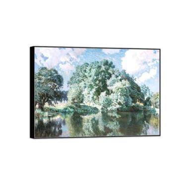 Imagem de MUHJDYC Quadros famosos impressão em tela - bancos rio no verão - paisagem imagem em tela - arte póster reprodução 20 x 30 cm - 8 x 12 in moldura preta