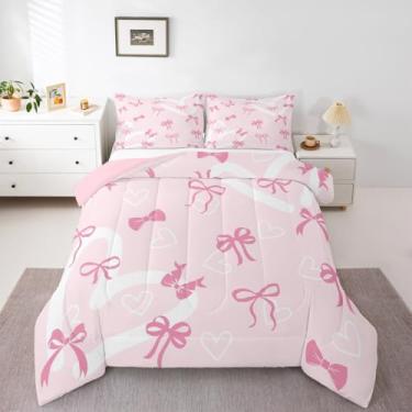 Imagem de Feelyou Conjunto de edredom com laço rosa, tamanho casal, fofo, para crianças, meninos, meninas, estampa de coração, respirável, macio, leve, microfibra, kawaii, decoração de quarto