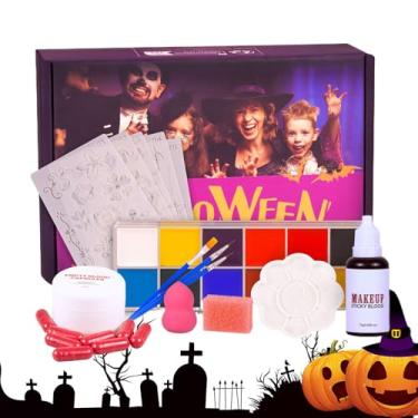 Imagem de Rrlihjgu Maquiagem de Tinta Facial, Kit de Maquiagem Facial de Halloween para Crianças, Sangue Falso e Acessórios Cosplay para Crianças Festa Fotografia Vampiro Zumbi
