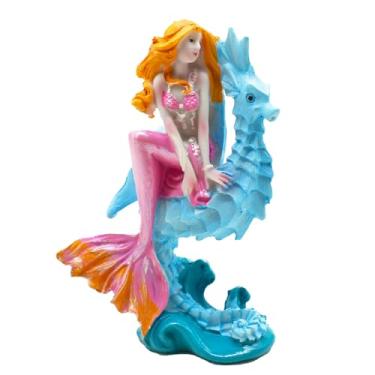 Imagem de Pinenjoy 1Pcs Pink Mermaid with Seahorse Figurine Ornament Mediterranean Princess Statues Resin Aquarium Supplies for Garden Patio Fish Tank Home Office Desktop Bookshelf Craft Decors