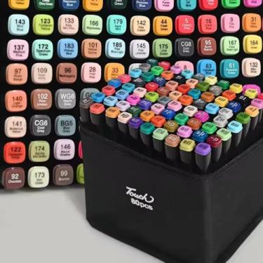 Imagem de Marcadores de ponta dupla de álcool de 80 cores, canetas marcadoras de arte com porta-canetas, conjunto de marcadores permanentes de esboço para crianças, adultos, colorir, pintar, esboçar, (80)