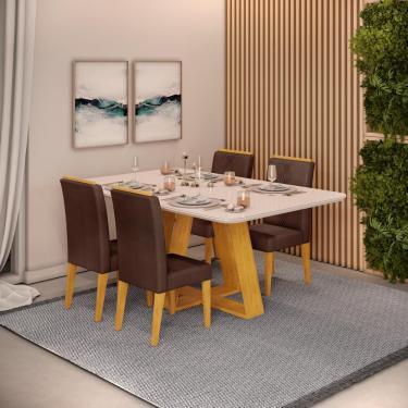 Imagem de Conjunto Sala de Jantar 4 Cadeiras Tampo Curvo DJ Móveis Kiara Cedro Yasmin Veludo Moca