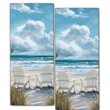 Imagem de ainori Pacote com 2 toalhas de mão Coastal Beach, conjunto de toalhas de 35 x 71 cm com vista tranquila para o oceano e design de cadeira branca, poliéster absorvente macio, para banheiro, cozinha