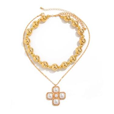 Imagem de Colar com pingente de cruz em camadas para mulheres, delicadas pérolas cruzadas, contas banhadas a ouro, gargantilha moderna com pingente de crucifixo para mulheres, joias modernas, big, Metal, Sem