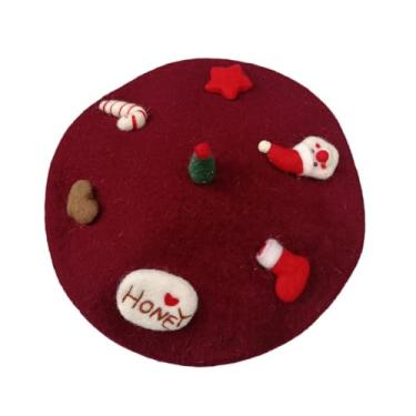 Imagem de Zasy Boina de lã, boina francesa, chapéu de Natal feito à mão, presente de feltro de lã, vinho, tamanho único