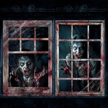 Imagem de Newwiee 2 peças de pôster temático de cortina assustadora de Halloween, silhueta de janela, decoração para porta de parede de festa interna e externa (terror)