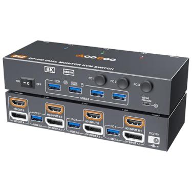 Imagem de KVM Switch 2 Monitores 3 Computadores 8K @60Hz/4K144Hz, DP+HDMI USB3.0 Dois Monitores Interruptores KVM com 4 Portas USB 3.0, Controle Remoto com Fio, Cabos USB 3.0 Incluídos (8K 3 PC 2 Monitores KVM)