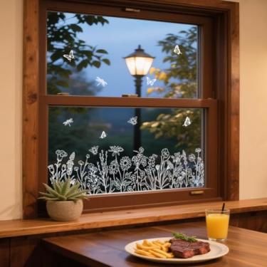 Imagem de ANATTASOUL Adesivos de janela estática desenho de flores 1 folha de decalques reutilizáveis de janela para vidro, 120 cm x 30 cm adesivo de janela dupla face removível para quarto, escritório