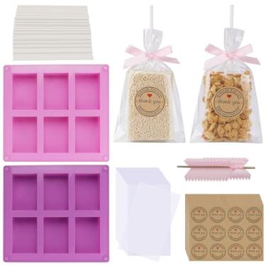 Imagem de Kit de embrulho de guloseimas de arroz Krispie, 100 unidades de sacos de guloseimas de arroz transparente, 120 adesivos, 100 fitas rosa, 100 palitos, 2 moldes de barra de cereais crocantes de silicone