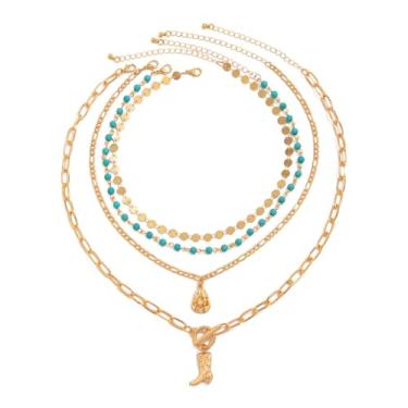 Imagem de NOVYRA Colares femininos em camadas douradas, vintage, estilo étnico, turquesa, colarinho, colares, boho, moeda, chapéu de caubói, bota, pingente, colares, concerto, praia, joias femininas, adjustable