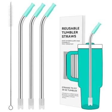 Imagem de Prurex Canudos reutilizáveis de aço inoxidável com ponta de silicone para Stanley 850 g, canudos de metal para copo de 850 g, 3 tubos dobrados e 6 pontas e 1 escova Cleanr (azul-petróleo tropical)