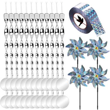 Imagem de Geulieby Conjunto de dispositivos de pássaros para ambientes externos, varões e fita refletora de pássaros, refletor de pássaro de dupla face, cata-ventos refletivos com estacas