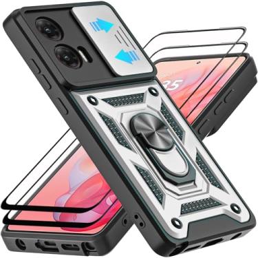 Imagem de AKINIK Capa para Motorola Moto G Stylus 5G 2024, com protetor de tela de vidro temperado [2 peças] e capa deslizante para câmera, suporte de anel de rotação de 360° [grau militar] capa (prata)