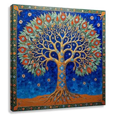 Imagem de Árvore da Vida Arte de Parede Impressão em Tela Decoração Harmonia da Vida Folhas Azuis Douradas Estrelas Sala de Estar Quarto 50x50cmx1