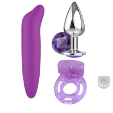 Imagem de Vibrador Feminino Ponto G golfinho + Plug Anal em Aço + Anel Peniano  