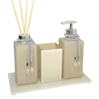Imagem de Kit Lavabo Bege Sabonete Líquido C/Porta Escovas Aromatizador de Ambiente Com Bandeja Luxo(PRATA,COM BANDEJA)