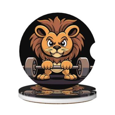 Imagem de Neukim Pacote com 2 porta-copos de carro Leão para levantamento de peso, porta-copos absorvente de cerâmica antiderrapante de 6 cm com base de cortiça e entalhe de dedo, acessórios de carro interiores