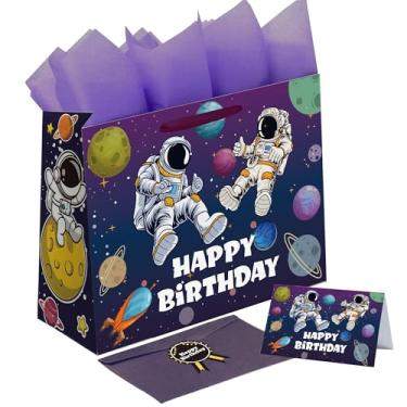 Imagem de Sumerk Bolsa de presente de aniversário espacial de 33 cm com papel de seda e cartão, envelope e adesivos - Saco de embrulho com tema de astronauta para aniversário