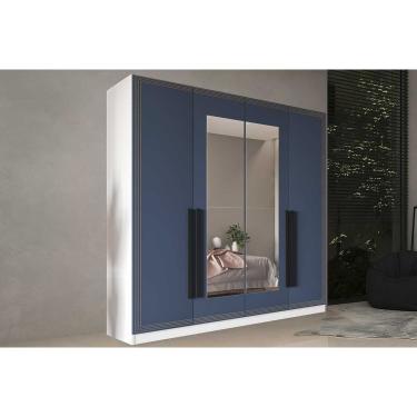 Imagem de Guarda Roupa 4 Portas (2 c/ Espelho) e 4 Gavetas Valência Branco/Azul - Politorno