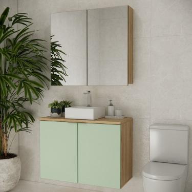 Imagem de Conjunto de Banheiro com Cuba 90cm X 145cm Marrom Carvalho/ Verde