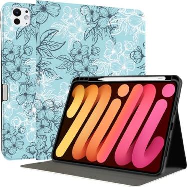 Imagem de MAYCARI White Lake Blue Flowers Capa para iPad Pro (M4) 2024 2024 11 polegadas com suporte para lápis feita à mão para iPad Pro 5ª geração, capa rígida protetora para iPad Pro com grão fino e