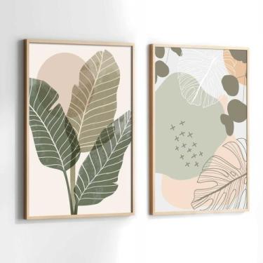 Imagem de Conjunto Quadros Decorativos com Moldura Folhas Clean Verde Rosa Kit 2