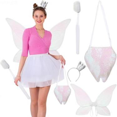 Imagem de Velmitten Conjunto de 5 peças de fantasias de fada de dente de Halloween com asas de borboleta, faixa de cabeça, saia tutu, bolsa de dentes e escova de dentes grande para adultos, mulheres, festa de