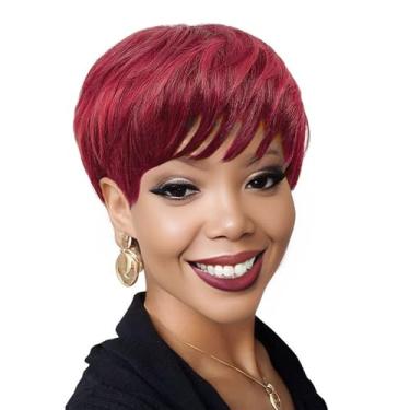 Imagem de ManeMajesty Peruca curta com corte Pixie de 15 cm para mulheres negras – Cabelo humano em camadas vermelho preto com franja para festa peruca lisa sem cola com franja
