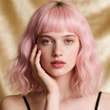 Imagem de Stylophyx Peruca feminina rosa bob 40,6 cm cacheado franja sintética resistente ao calor perfeita para festas e dramatizações