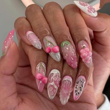 Imagem de Unhas de pressão de morango médio amêndoa rosa cereja unhas postiças frutas unhas de acrílico 3D dia dos namorados meninas 24 peças LL06