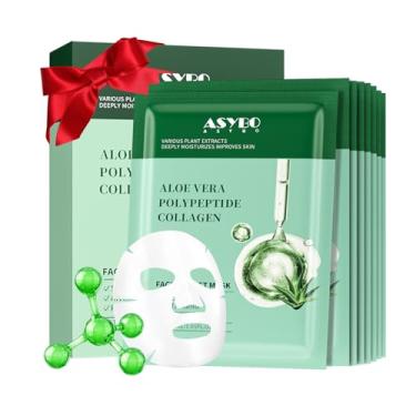 Imagem de ASYBO Pacote com 10 máscaras faciais de colágeno, polipeptídeo de aloe vera, máscaras faciais para cuidados com a pele, máscara facial hidratante para acne, pós-sol, claming, antienvelhecimento e