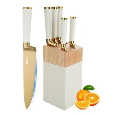 Imagem de Conjunto de facas douradas, conjunto de 7 peças de blocos de facas revestidas de titânio com bloco de madeira branca, conjuntos de facas de chef de aço inoxidável ultra afiadas para afiador embutido