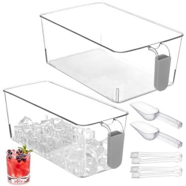 Imagem de 2 caixas de gelo com colher e pinça, balde de gelo com alça removível para freezer, 2 tamanhos de recipiente de gelo de plástico transparente para festa de verão faça você mesmo, 31 x 17,5 x 11 cm, 31