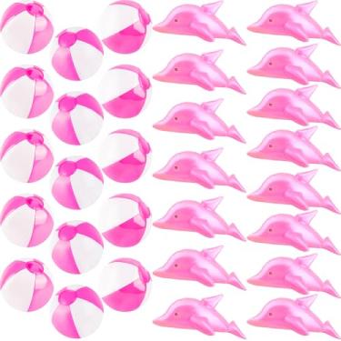 Imagem de Feradny O conjunto de 30 pacotes infláveis de golfinho e bola inclui 15 peças de golfinho inflável de 50 cm e 15 bolas de praia rosa de 23 cm para piscinas de praia, lembrancinhas de festa de