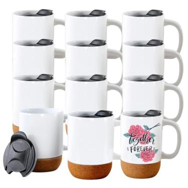 Imagem de ZREGGUR Conjunto de 12 canecas de café de cerâmica de 425 g com alça e almofada de cortiça inferior, xícaras de chá grandes para café, sopa, latte, conjunto de canecas, presente para casamento