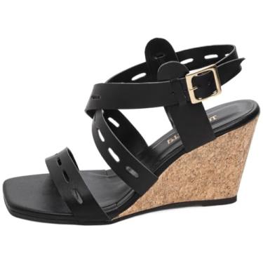 Imagem de Sandália Anabela Salto Alto Plataforma 7 cm Feminina com Fivela Dourada e Palmilha Confortável (Preto, BR, Adulto, Numérico, 36)