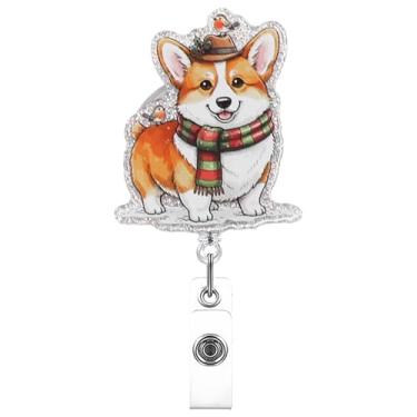 Imagem de Carretel de crachá de identificação Corgi de Natal com cordão retrátil de 60 cm/23,6 pol, clipe de acrílico engraçado para crachá de enfermeira para equipe médica