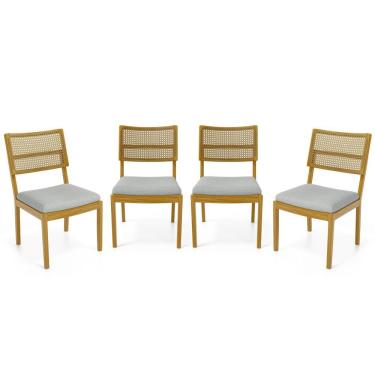 Imagem de Kit Com 4 Cadeiras Milena Madeira Maciça Assentos Estofados Encostos De Tela Palha Sextavada Linho Cinza 407