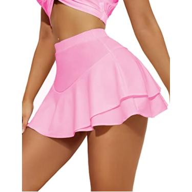 Imagem de Avidlove Minissaia feminina sexy, lisa, com acabamento de babados, saia curta, cintura alta, bainha de duas camadas, rosa, XGG