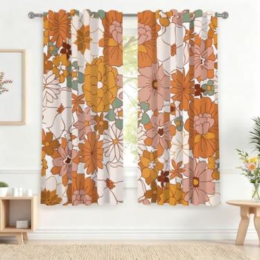 Imagem de Renaiss Cortinas florais de cozinha de 106 x 150 cm dos anos 70 para meia janela, estampa de flor laranja, estética, boho, cortina com bolso para varão, textura de linho, pequenas cortinas de