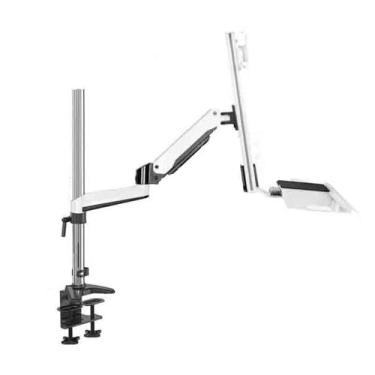 Imagem de hezhuhe2258 Suporte para monitor de mesa com clipe branco, braço duplo com bandeja para monitor de tela única de 15 a 27 polegadas, suporte de mesa