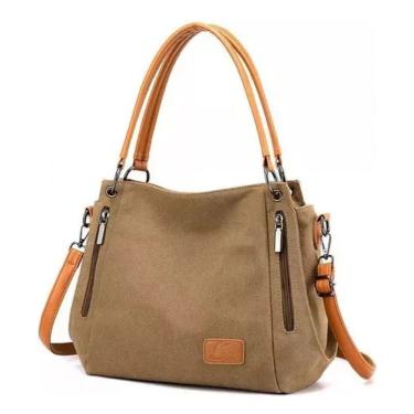 Imagem de Bolsa de ombro feminina de algodão e couro marrom