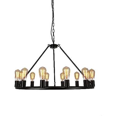 Imagem de Lâmpada Lustre de Roda de Carroça Preta Casa de Fazenda Roda Redonda Luminária Pendurada Lustre de Roda de Carroça Externa para Varanda para Tetos Altos Sala de Jantar (52 * 37 cm) lustre