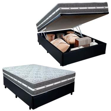 Imagem de Cama Box Baú Casal Sintético + Colchão Anjos Black Graphite Molas Ensacadas 138x188x64cm Cor:preto